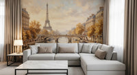 Minimalist living room highlighting the grand Eiffels Golden Embrace Wall Mural view.