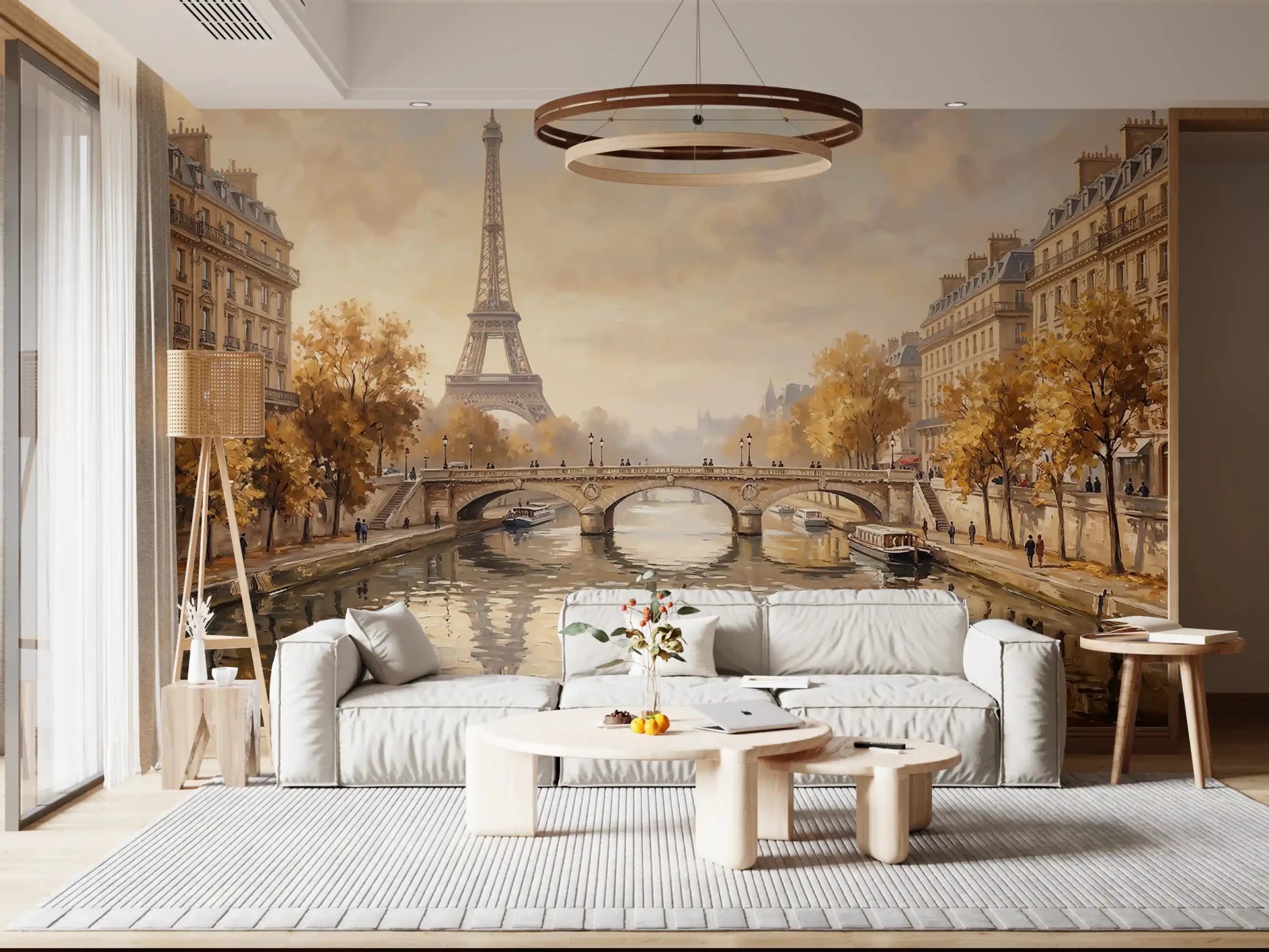 Living room with the golden Parisian view of the Eiffels Golden Embrace Wall Mural.