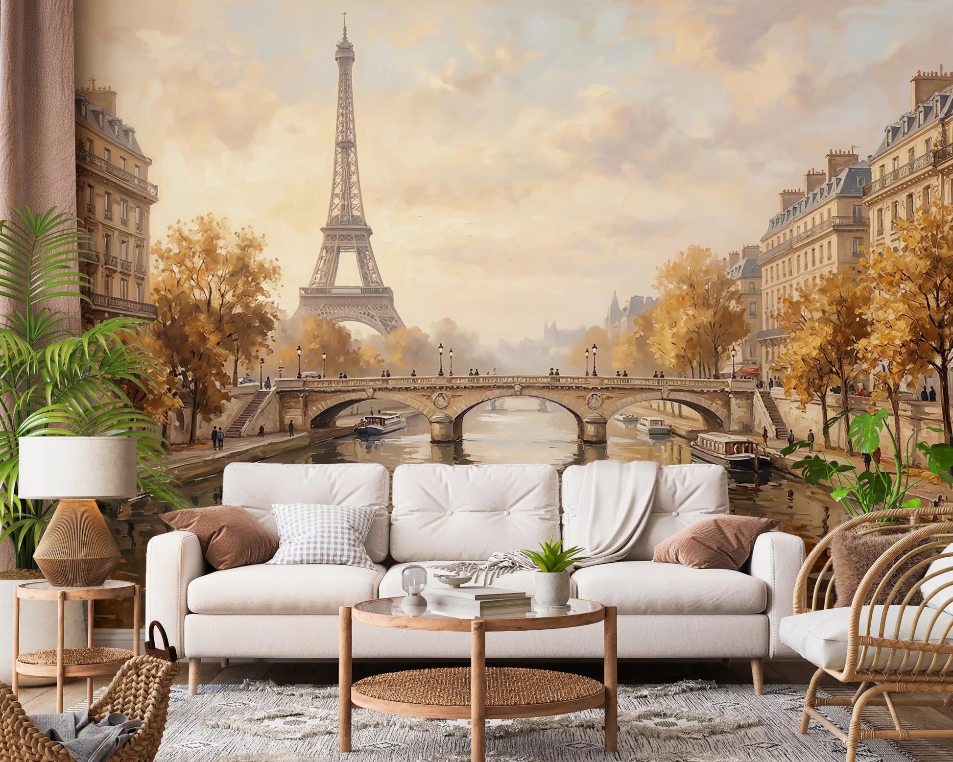 Cozy living room featuring the warm tones of the Eiffels Golden Embrace Wall Mural.