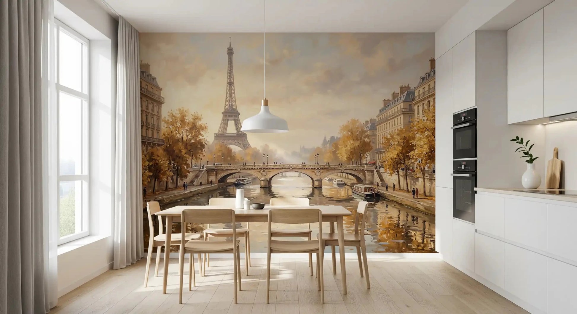 Eiffels Golden Embrace Wall Mural on a smooth surface within a modern indoor area.