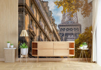 Eiffel's Golden Hour wall mural keeps a Living room corner polished and open-looking