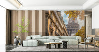 lounge area sofa Setting feels memorable with Eiffel's Golden Hour wall mural scene