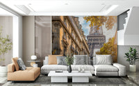Hallway light feels gentler with Eiffel's Golden Hour wall mural in soft gold