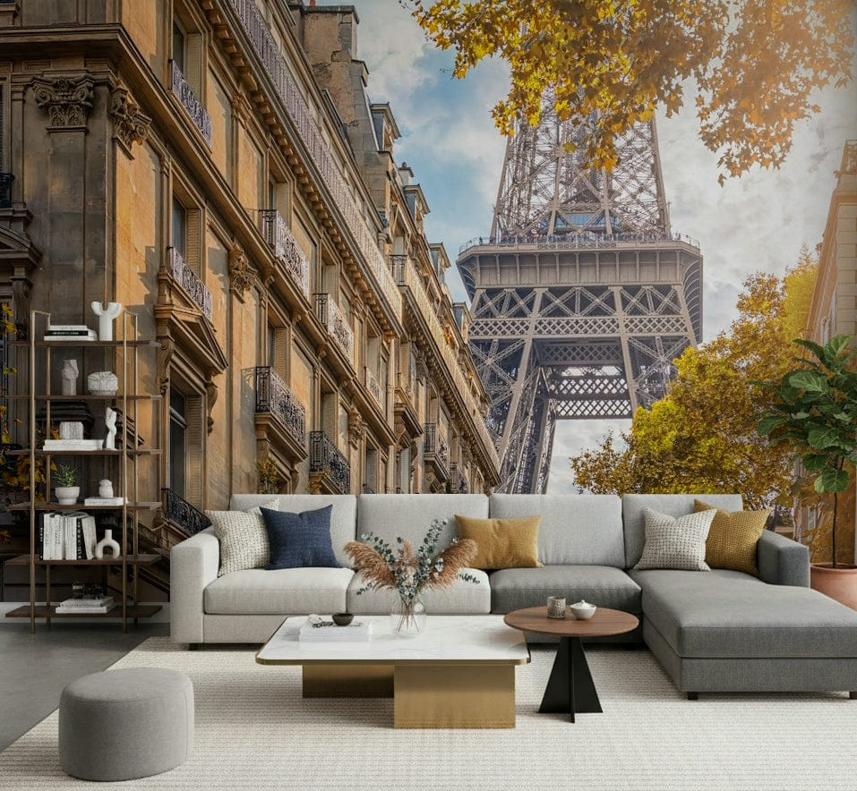 A living room feels brighter with Eiffel's Golden Hour wall mural and Paris light