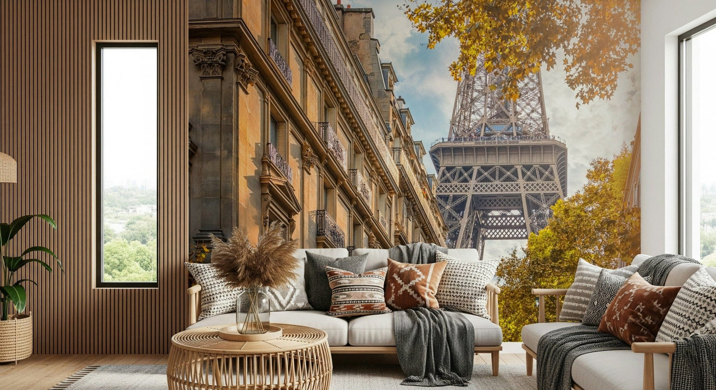 Living room settles under Eiffel's Golden Hour wall mural and calm sunlight