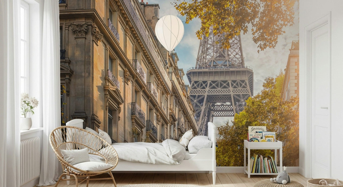 kids Bedroom styling gains warmth through Eiffel's Golden Hour wall mural street scene