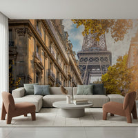 Along the hallway, Eiffel's Golden Hour wall mural adds a tall city viewpoint