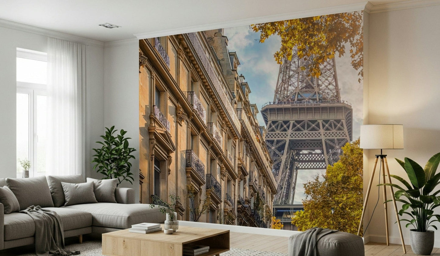 A Hallway feels softer beside Eiffel's Golden Hour wall mural and warm sky tones