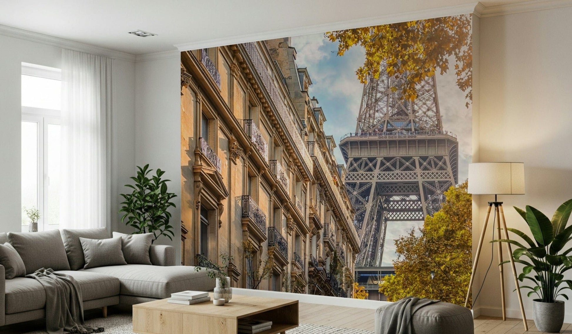 A Hallway feels softer beside Eiffel's Golden Hour wall mural and warm sky tones