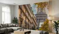 A Hallway feels softer beside Eiffel's Golden Hour wall mural and warm sky tones
