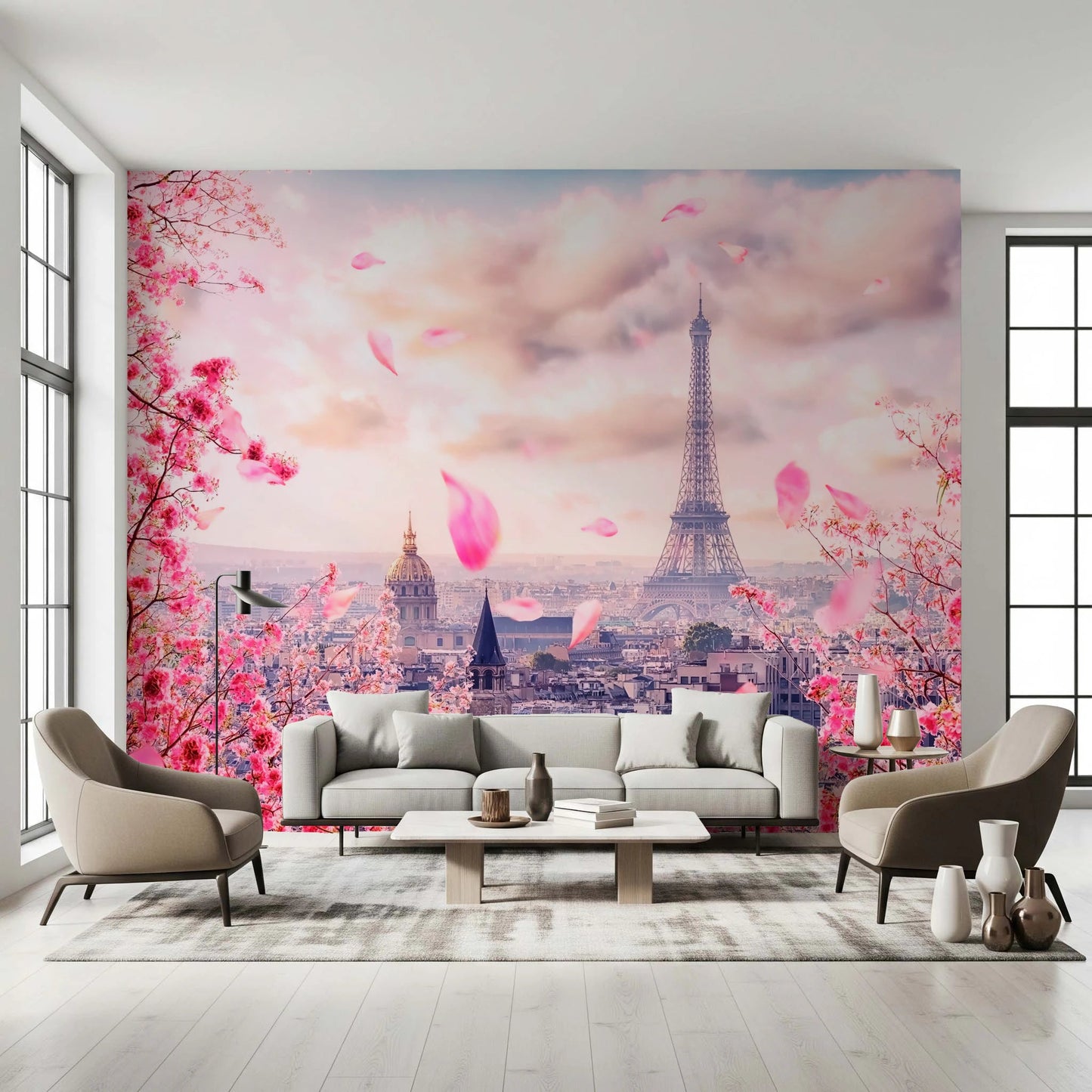 Romantic Paris wall mural featuring the Eiffel Tower and falling pink petals, GD8371