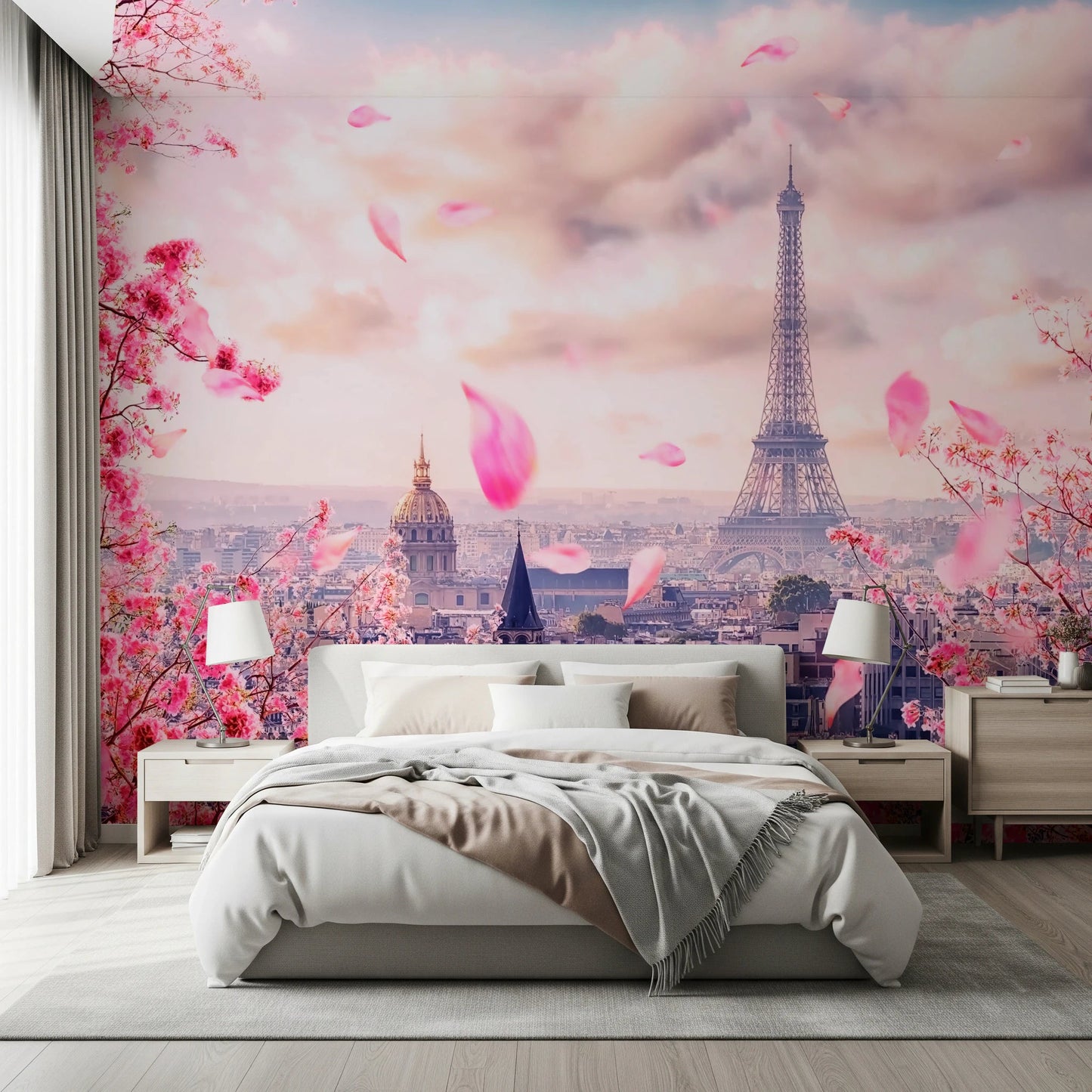 Photographic wall mural of the Eiffel Tower amidst pink blossom trees, GD8371
