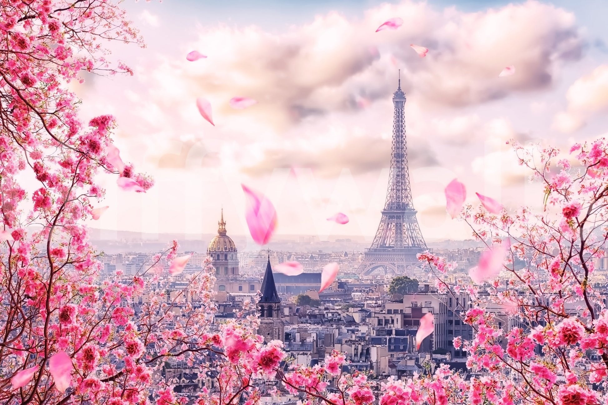 Floral city wall mural with the Eiffel Tower for a calm bedroom setting, GD8371
