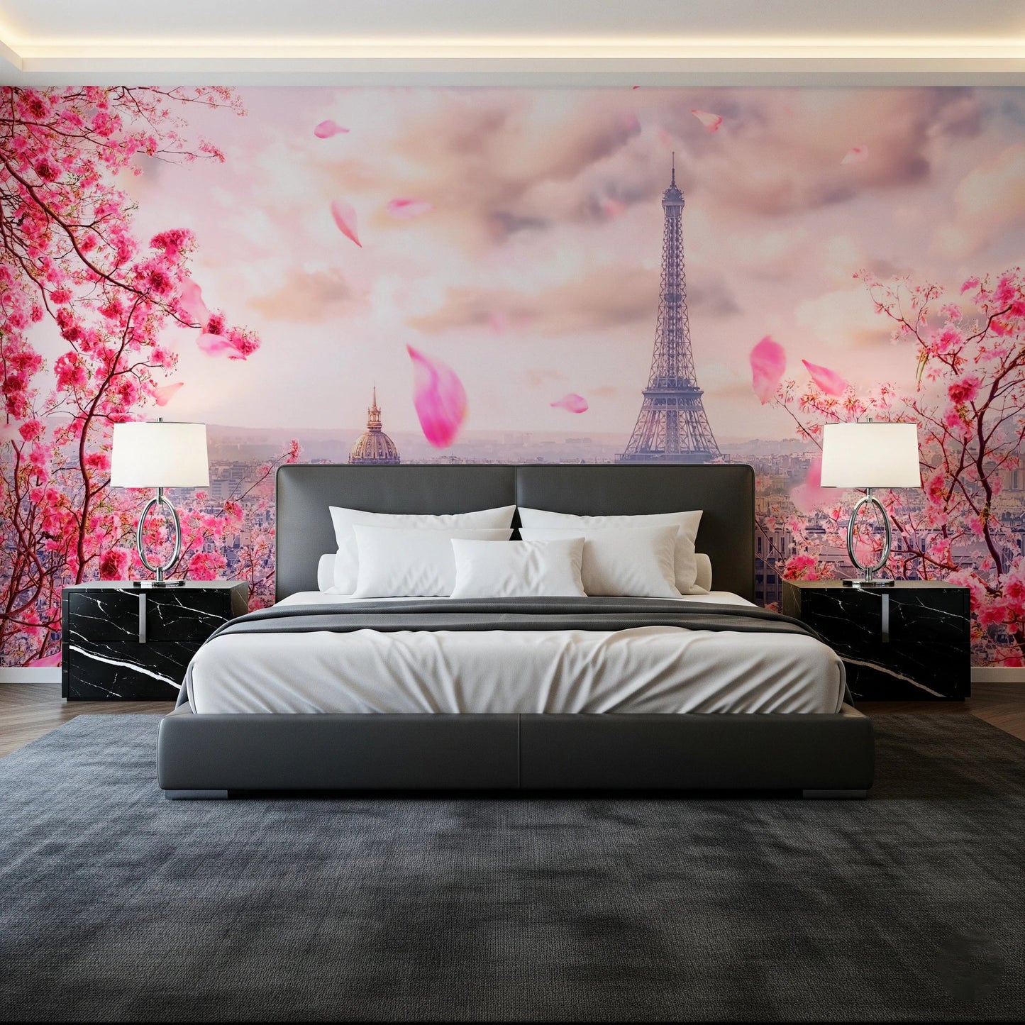 Eiffel Tower wall mural framed by blooming pink cherry blossom branches, GD8371
