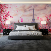Eiffel Tower wall mural framed by blooming pink cherry blossom branches, GD8371