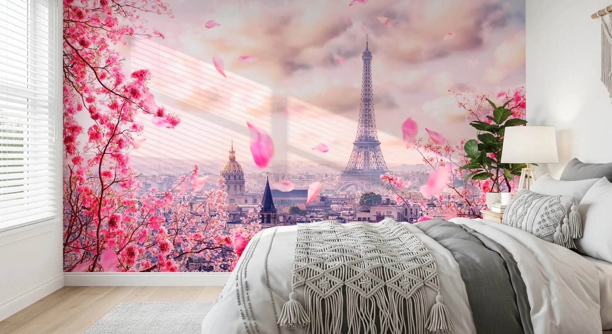 Pink and purple toned Paris wallpaper with falling flower petals for home decor, GD8371