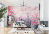 Pink floral wallpaper with a view of the Eiffel Tower for living room walls, GD8371