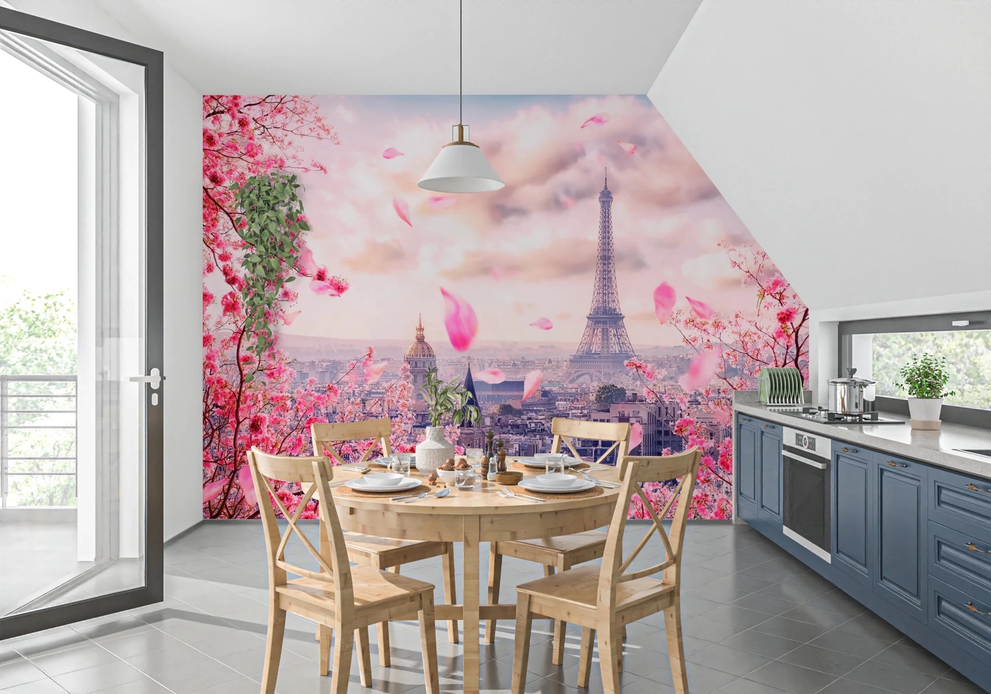 Eiffel's Rosy Haze Wall Mural showing a hazy pink sky over Paris rooftops, GD8371