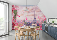 Eiffel's Rosy Haze Wall Mural showing a hazy pink sky over Paris rooftops, GD8371