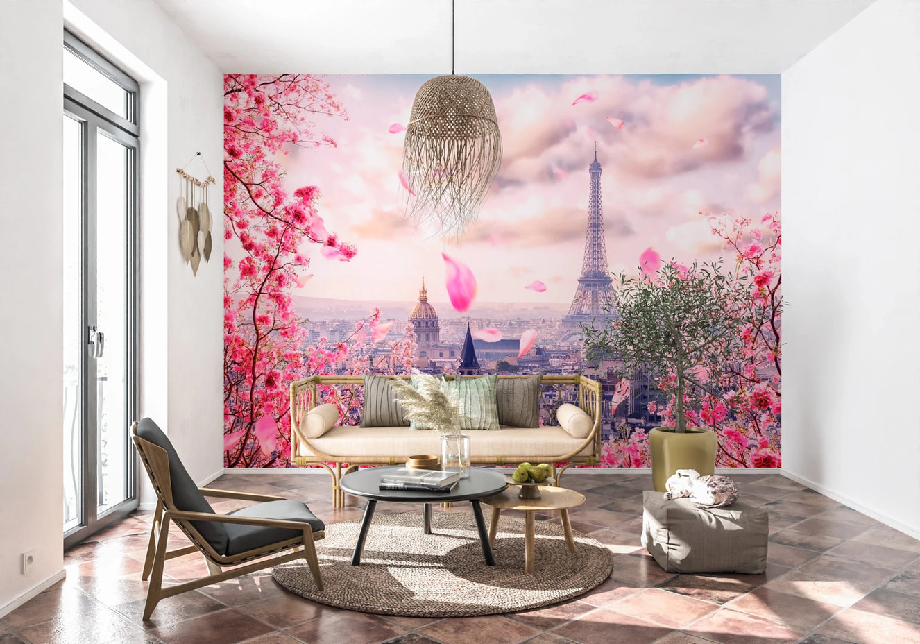 Eiffel's Rosy Haze Wall Mural with pink blossoms and Paris cityscape