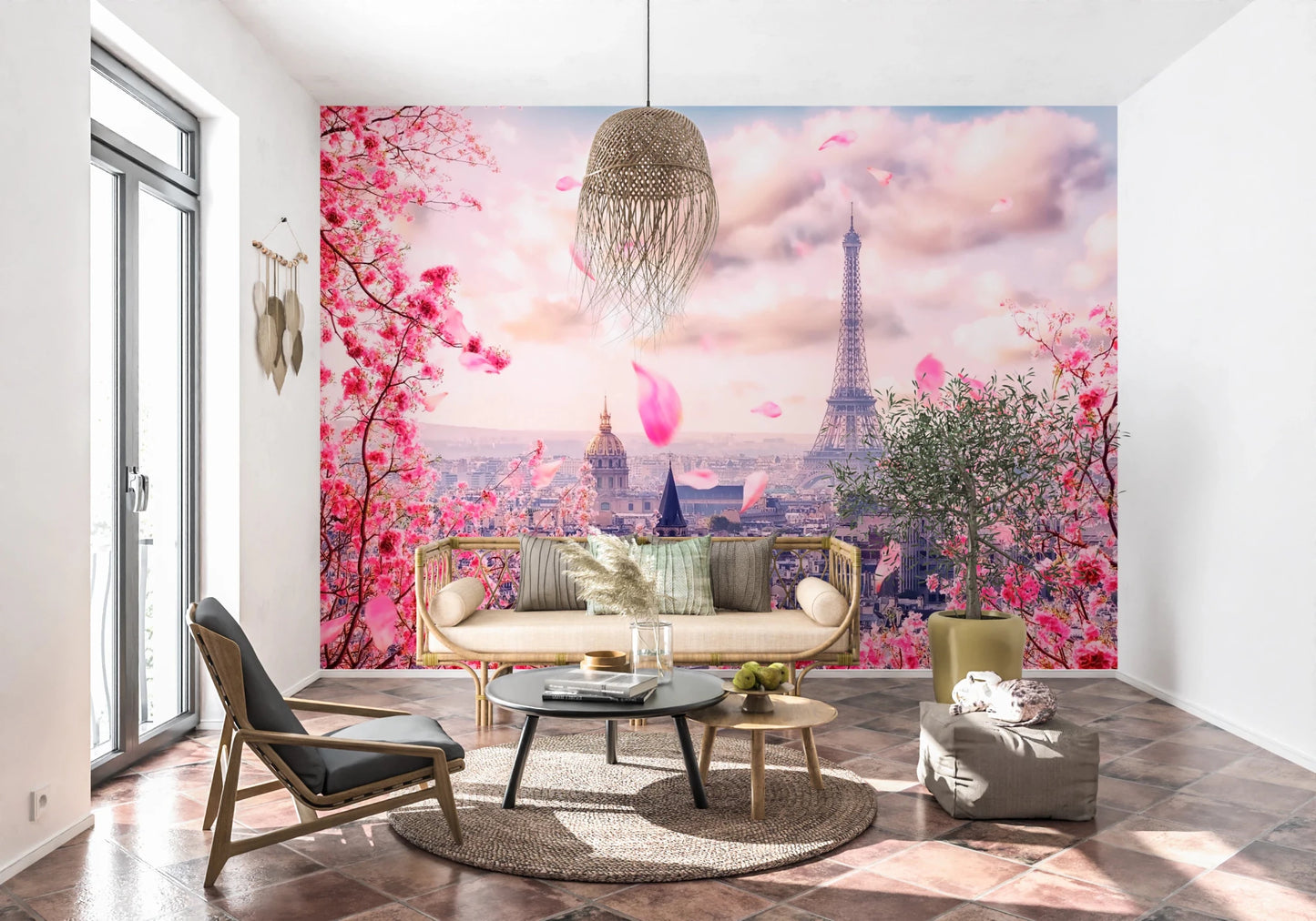 Eiffel's Rosy Haze Wall Mural with pink blossoms and Paris cityscape, GD8371
