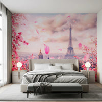 Scenic wallpaper of Paris with pink flowers and a soft, hazy atmosphere, GD8371