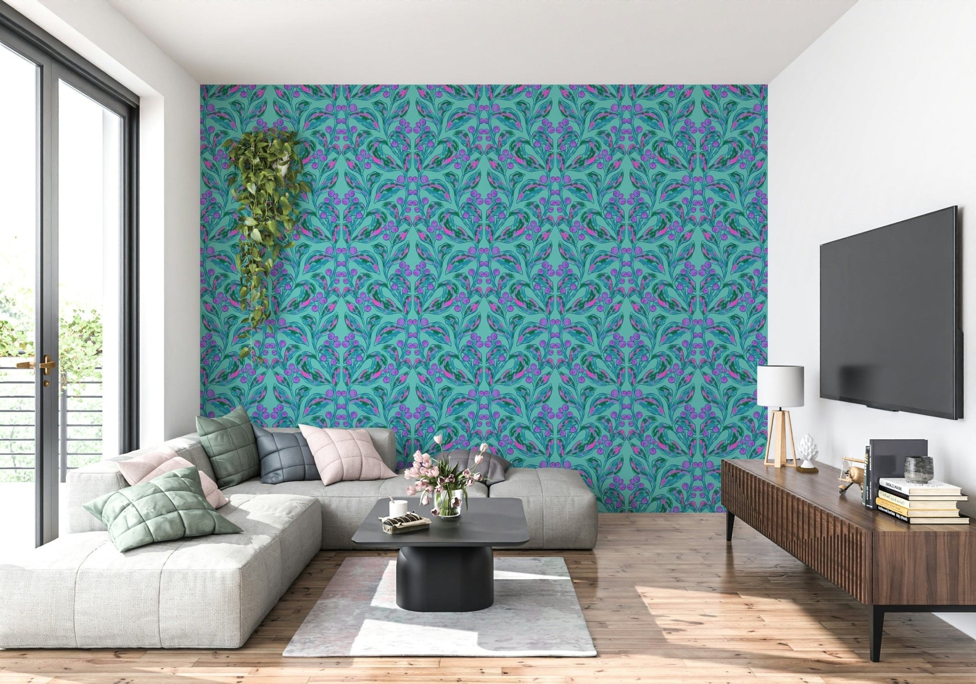 Bold floral wallpaper in a lounge with neutral seating.