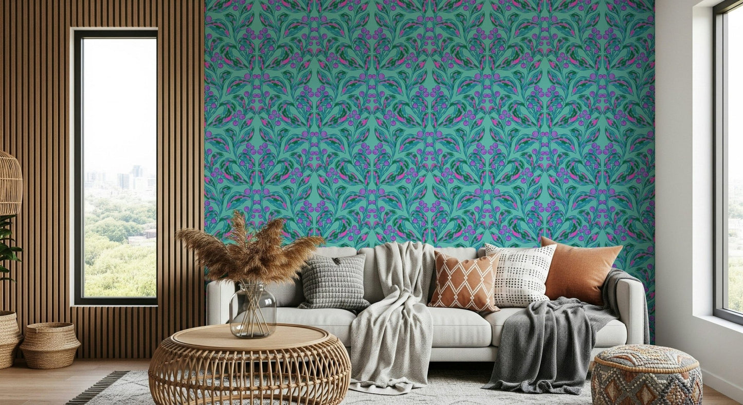 Electric Berries and Bloom wallpaper in a bright living room.