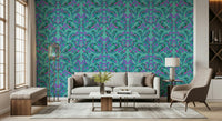 Artistic berries and bloom wallpaper for a contemporary dining area.