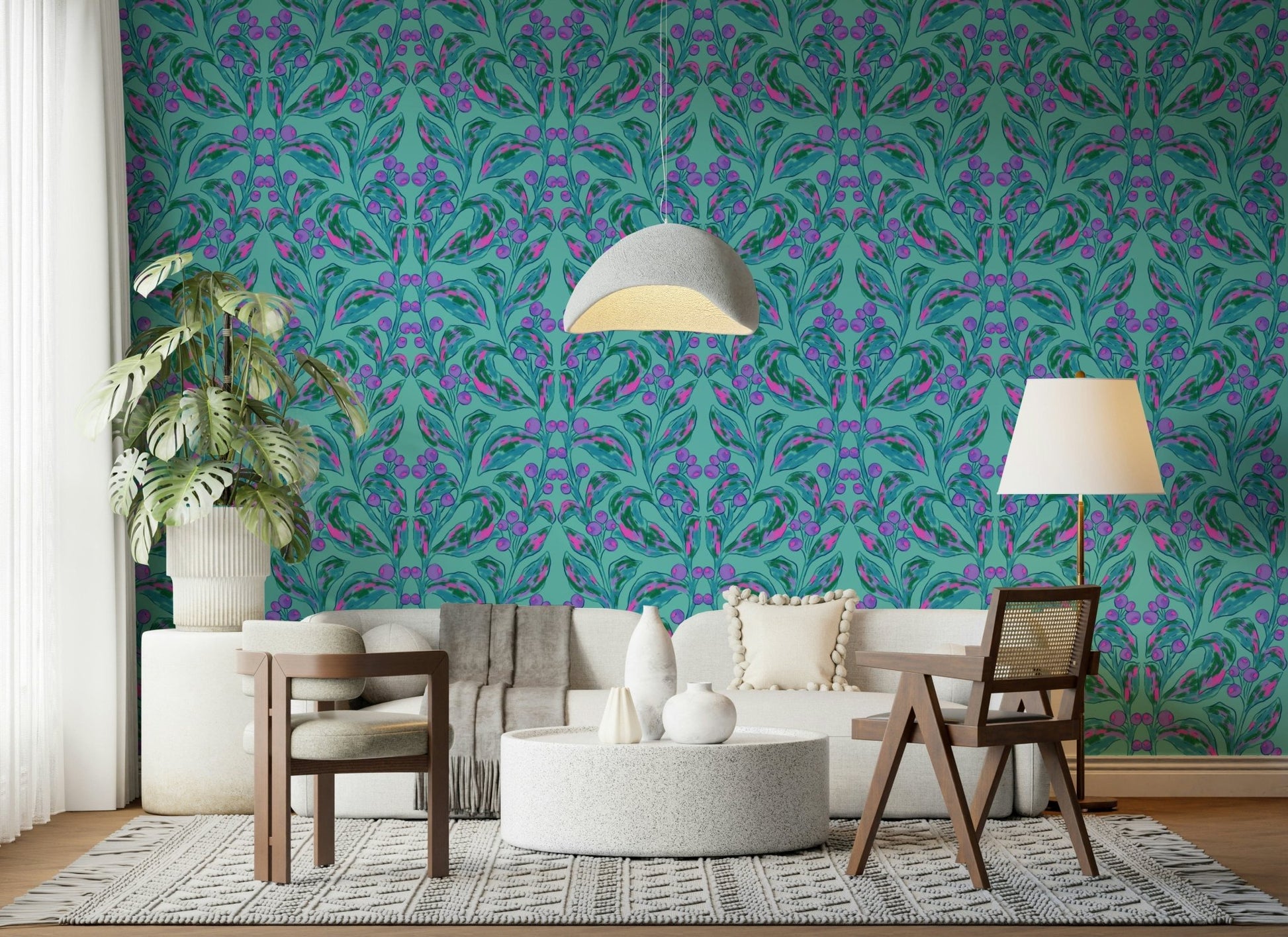 Floral wall mural featuring vibrant berries for a bedroom feature wall.