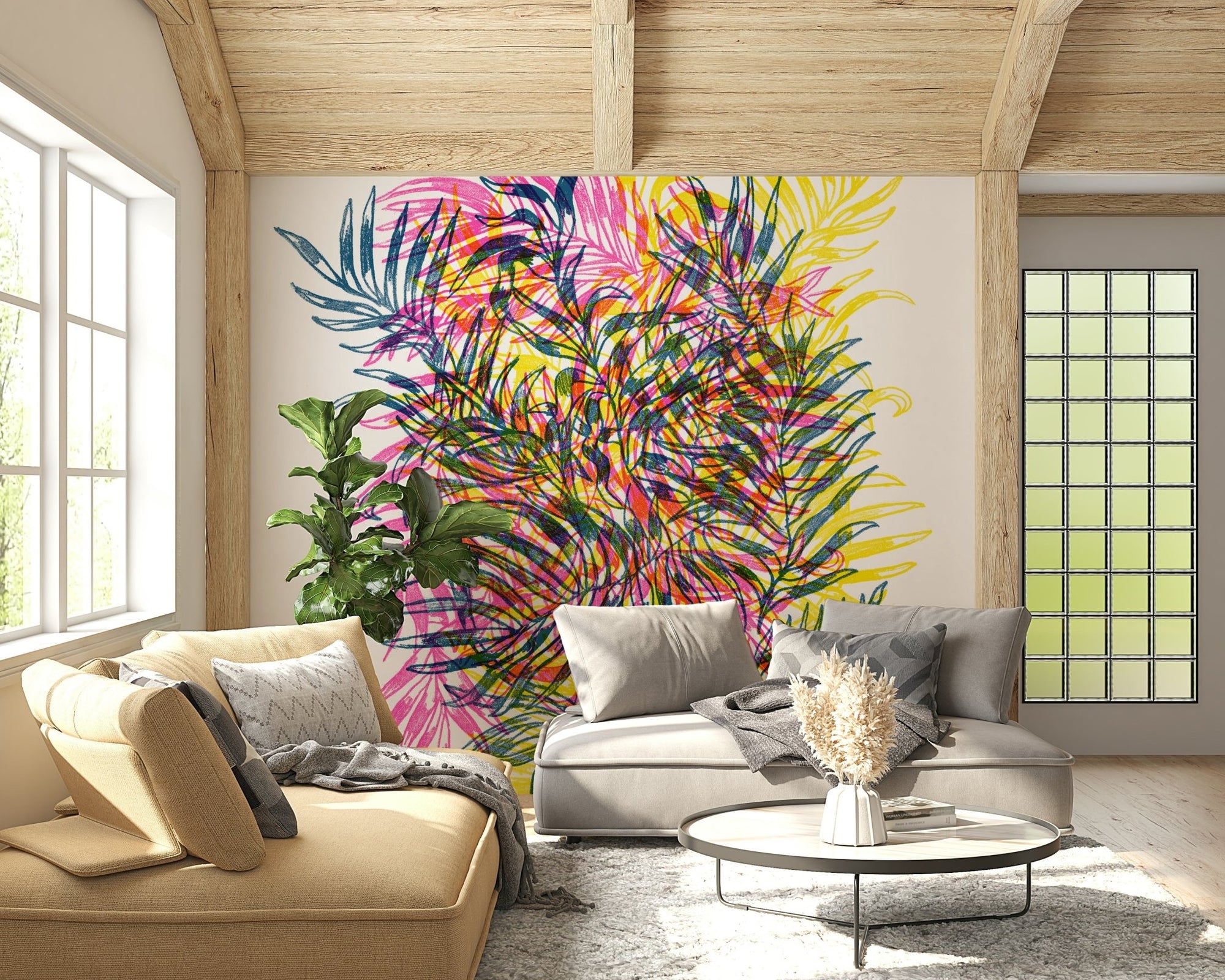 Electric Jungle Wall Mural with neon palm leaves and vivid tropical blooms, GD6197