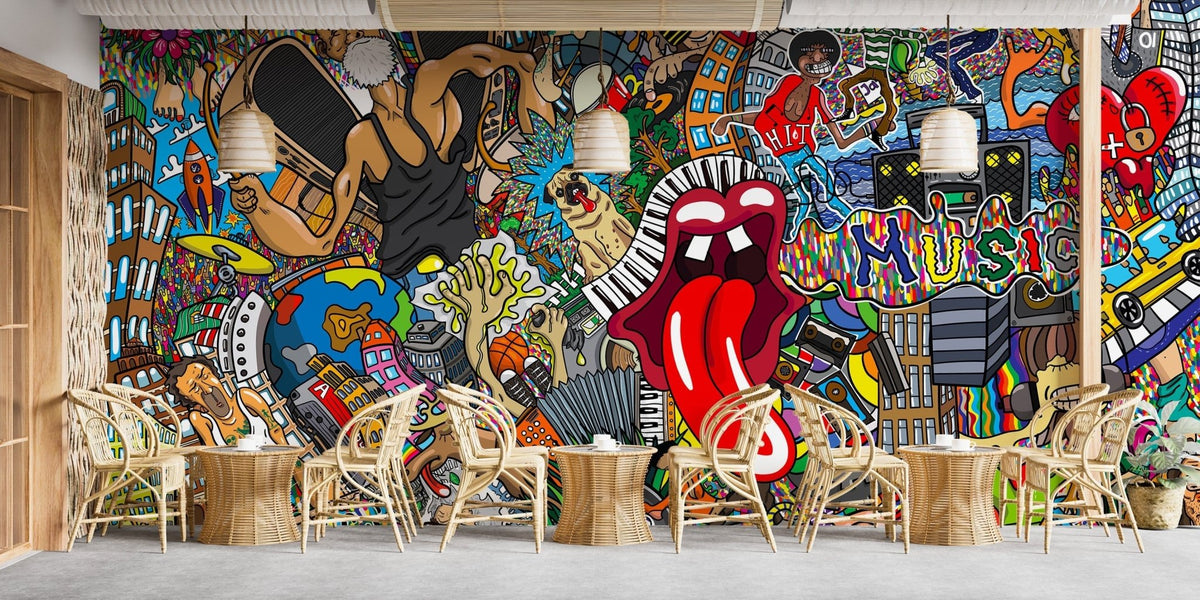 Vibrant electric music collage graffiti wallpaper mural for walls., B317