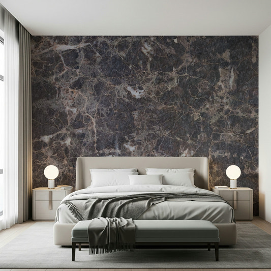 Full living room view with "Elegance In Veins" marble wallpaper mural.