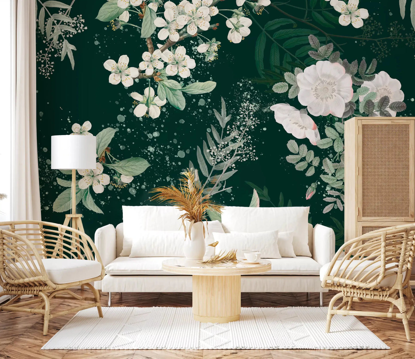 Soft Forest Blossom wall mural with dark woodland depth and airy florals