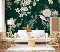 Soft Forest Blossom wall mural with dark woodland depth and airy florals