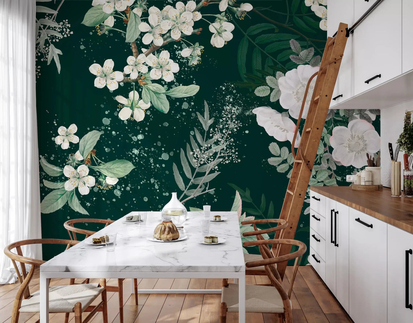 Dark botanical Forest Blossom wall mural with white flowers and sage foliage