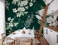 Dark botanical Forest Blossom wall mural with white flowers and sage foliage