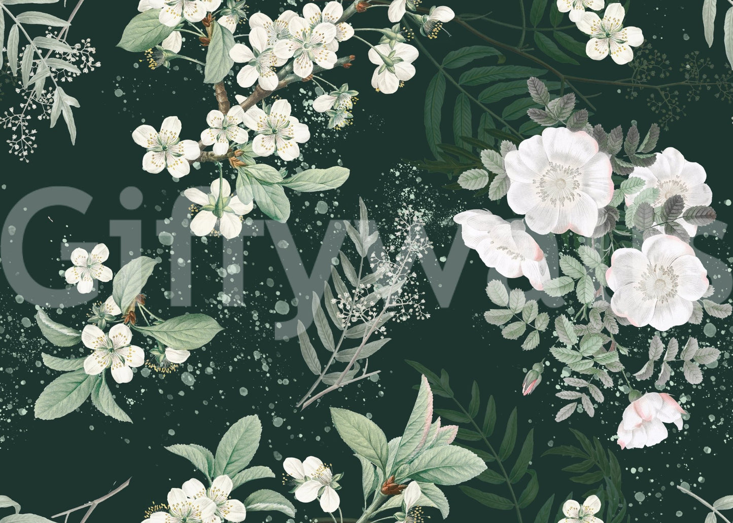 Artistic Forest Blossom wall mural with white blossoms on a deep forest backdrop