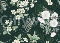 Artistic Forest Blossom wall mural with white blossoms on a deep forest backdrop