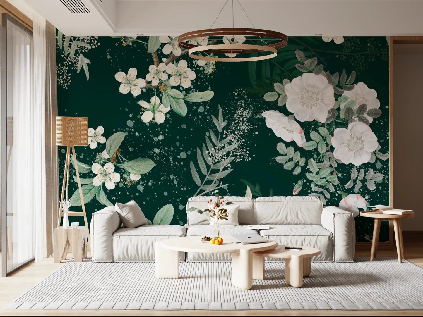 Living room styled with Elegance of the Forest Blossom wall mural in dark floral tones