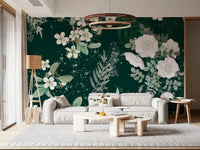 Living room styled with Elegance of the Forest Blossom wall mural in dark floral tones