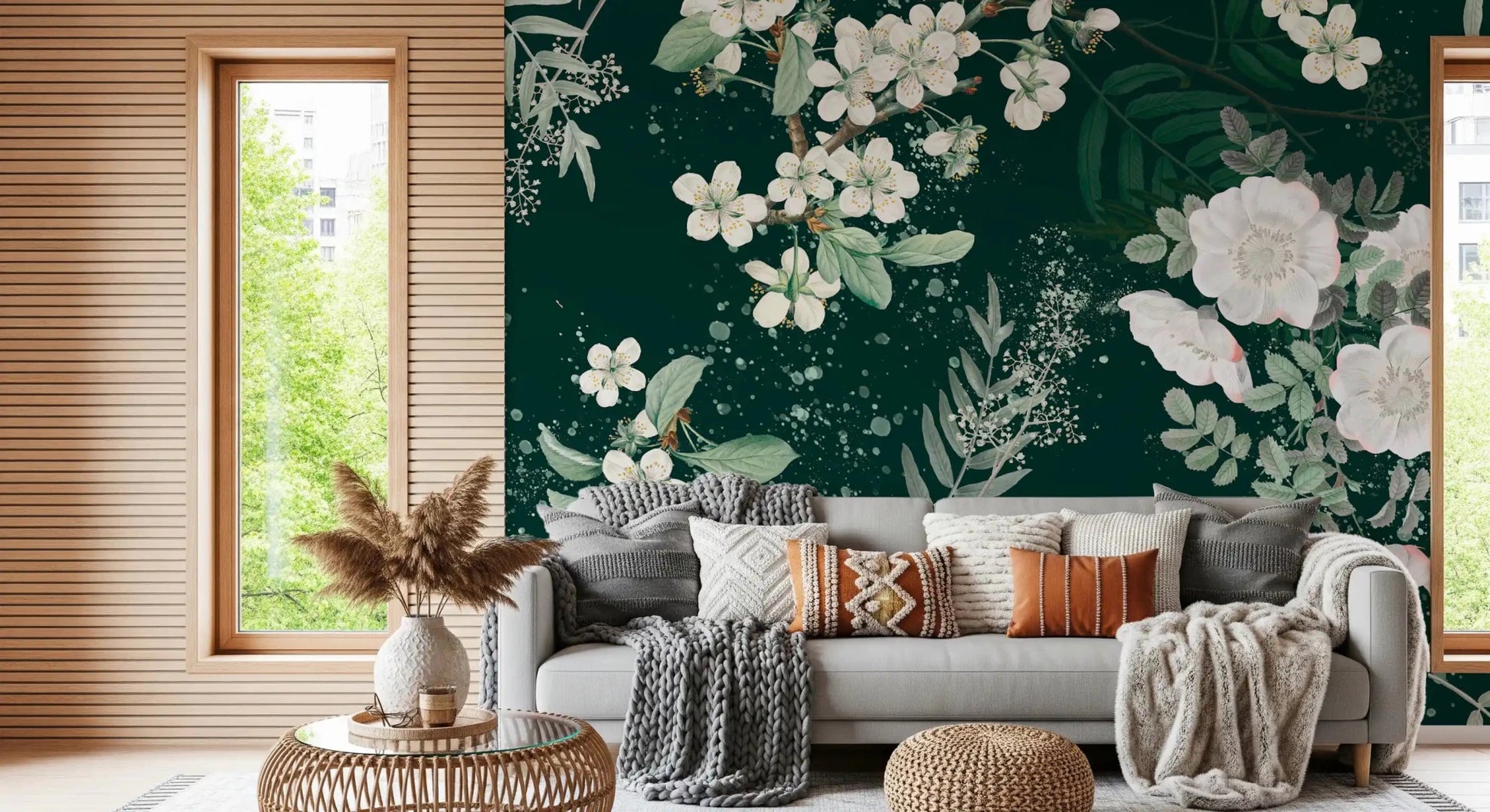 Nature-inspired Elegance Forest Blossom wall mural with muted green leaf clusters