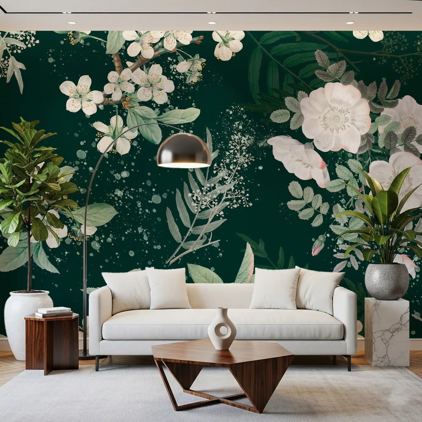 Hallway wall featuring Elegance of the Forest Blossom wall mural with white blooms