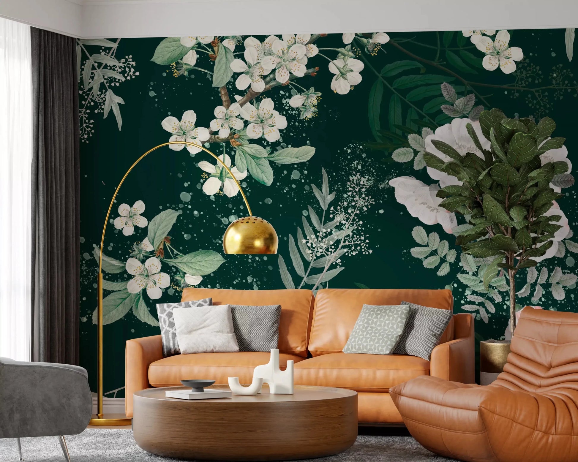 Office space with Elegance of the Forest Blossom wall mural in forest green tones