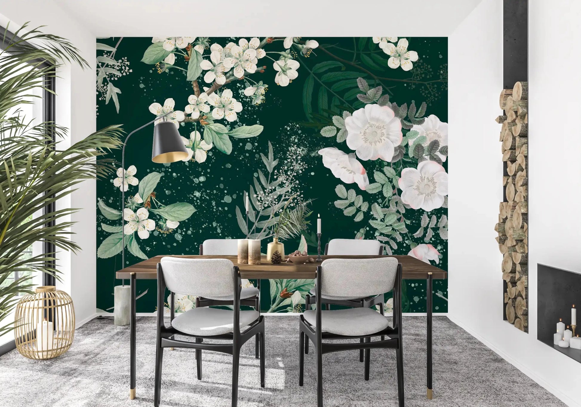 Elegance Forest Blossom wall mural showing ivory petals on a rich green base
