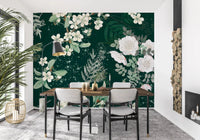 Elegance Forest Blossom wall mural showing ivory petals on a rich green base