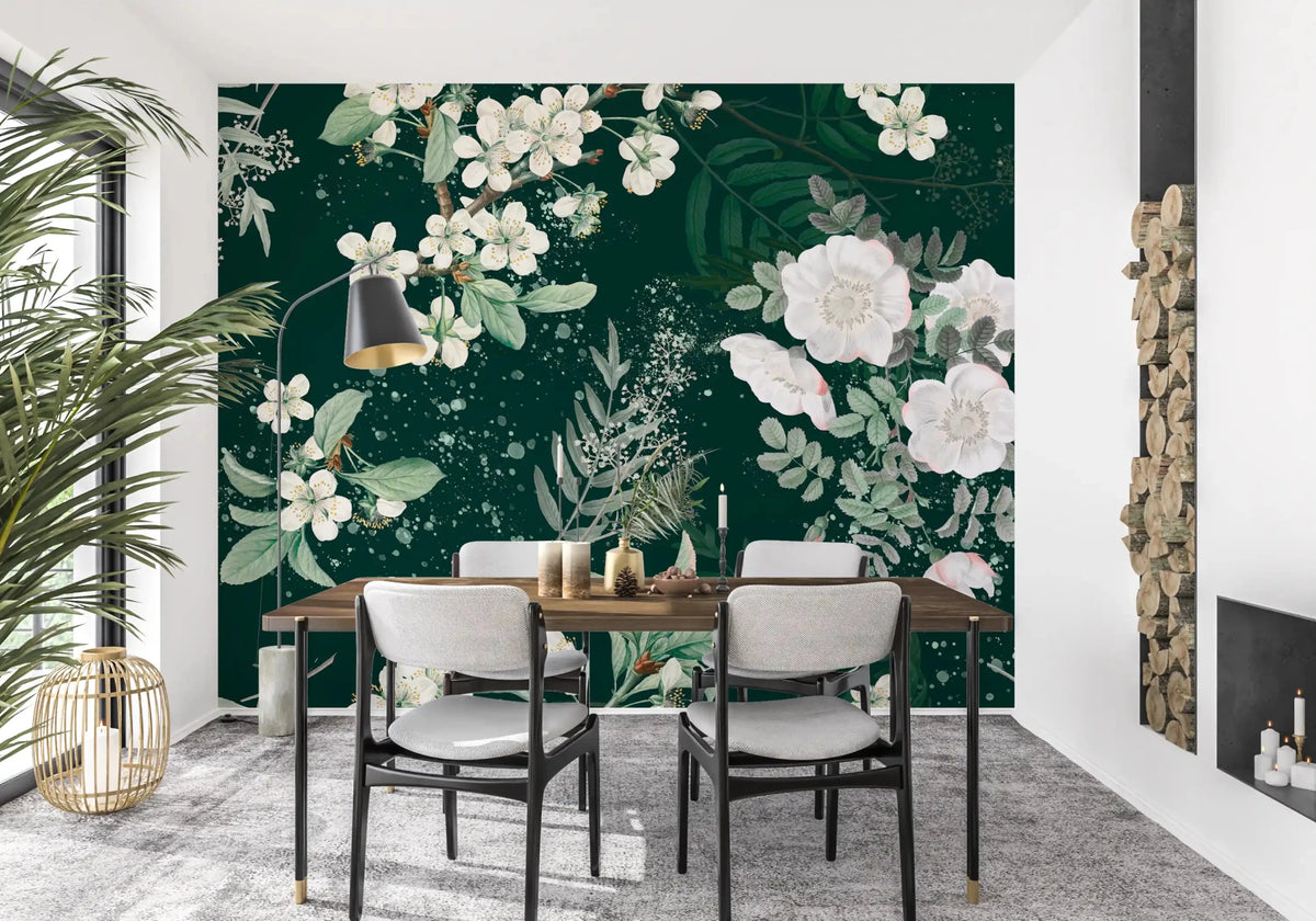 Elegance Forest Blossom wall mural showing ivory petals on a rich green base, GD9374