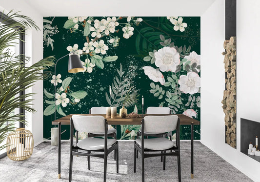 Elegance Forest Blossom wall mural showing ivory petals on a rich green base