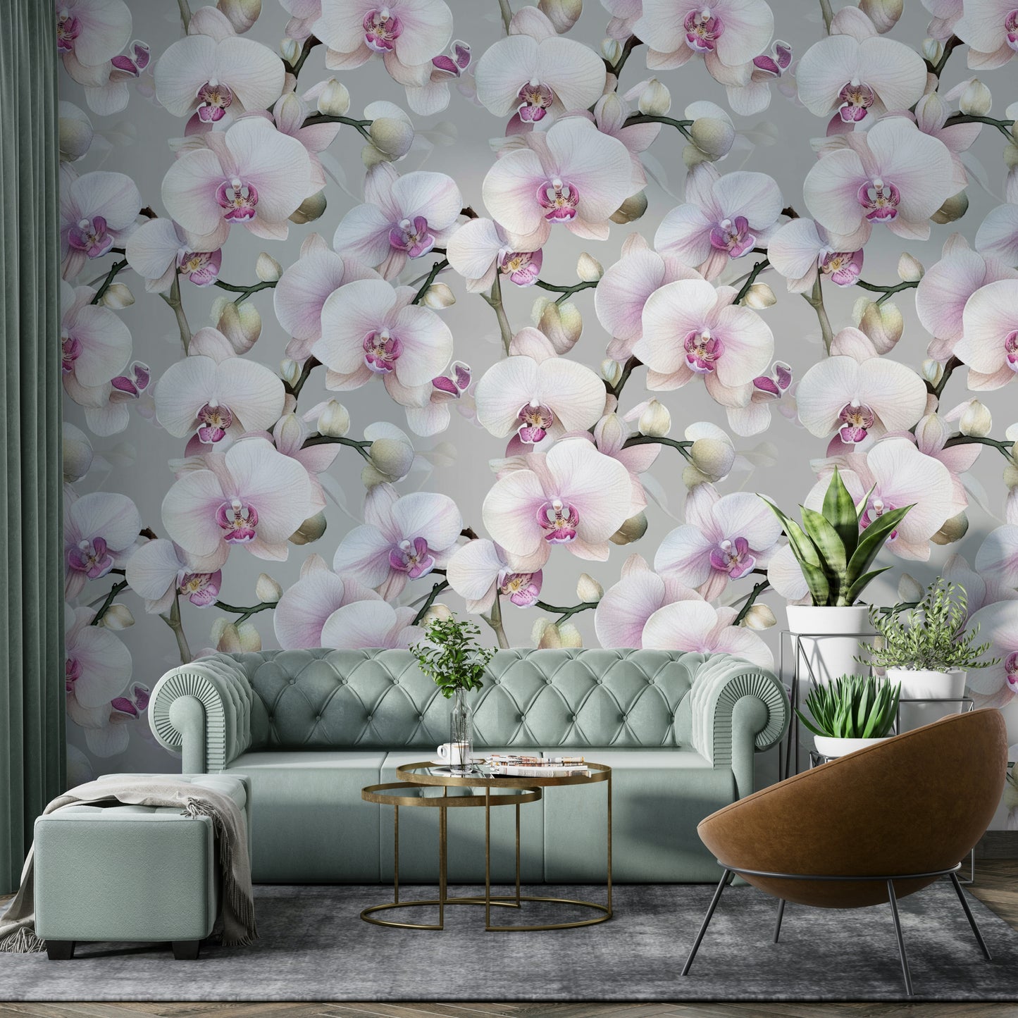 Soft orchid floral wallpaper to elevate room decor.

