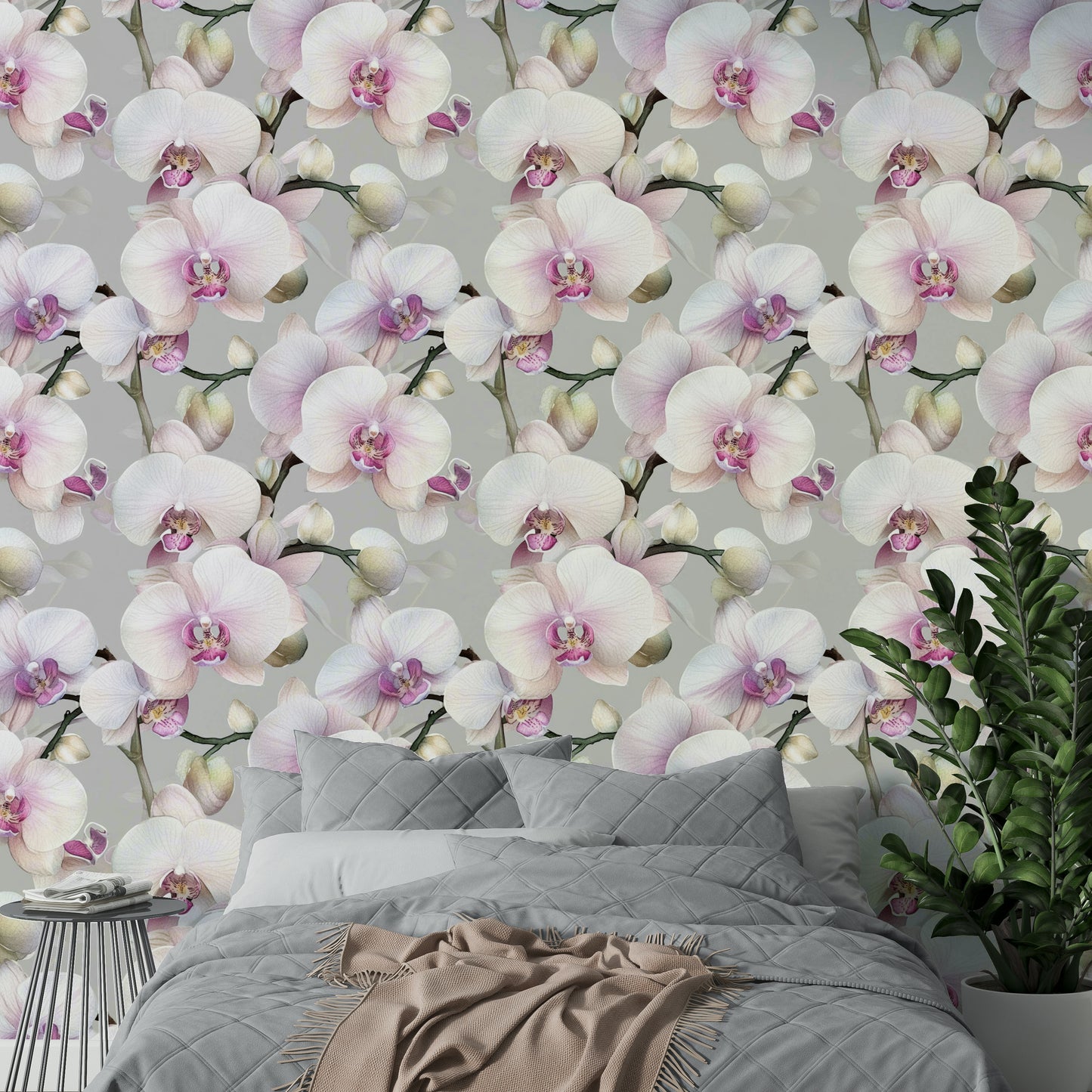 Graceful orchid wallpaper for calming interior designs.

